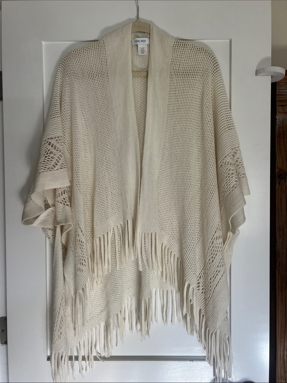 Nine West Cream Fringe Open-Weave Poncho